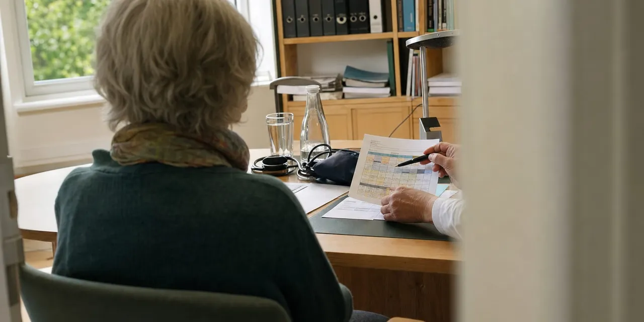 Ältere Patientin sitzt von hinten gesehen am Schreibtisch, während eine Ärztin oder ein Arzt mit einem Stift ein Dokument mit Tabelle erläutert.