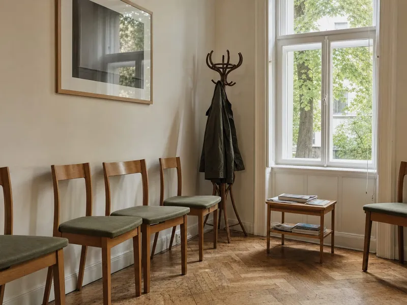 Helles Wartezimmer mit Holzstühlen mit grünen Polstern, Garderobenständer, kleinem Tisch mit Zeitschriften und Fischgrätparkett vor einem hohen Fenster.
