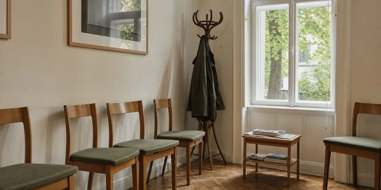 Helles Wartezimmer mit Holzstühlen mit grünen Polstern, Garderobenständer, kleinem Tisch mit Zeitschriften und Fischgrätparkett vor einem hohen Fenster.